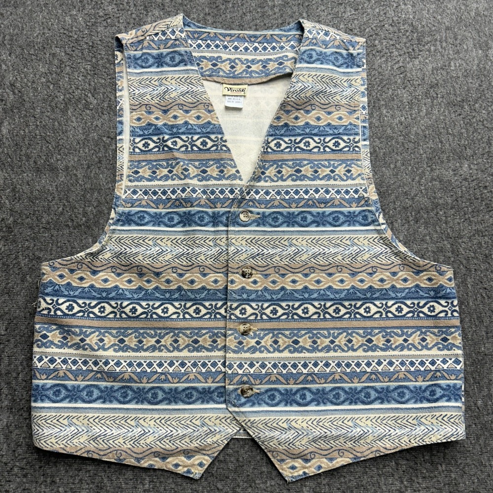 Vintage Vivaldi‎ Jeanswear  Vest Aztec Southwestern Denim USA Large Blue Cottage